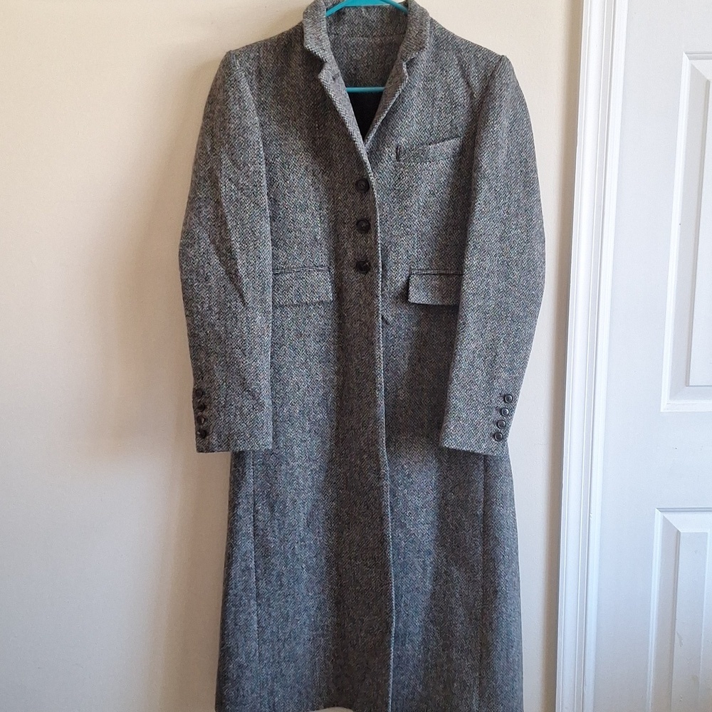 Vintage Harris Tweed Longline Trench Coat Gray Herringbone Handwoven Wool Size M - Picture 10 of 13